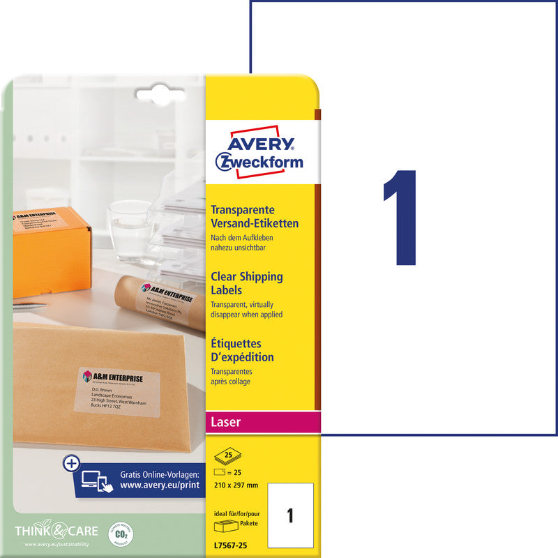 Avery Drucketiketten, 210 mm × 297 mm, transparent, Folie, permanent, 25 Blatt