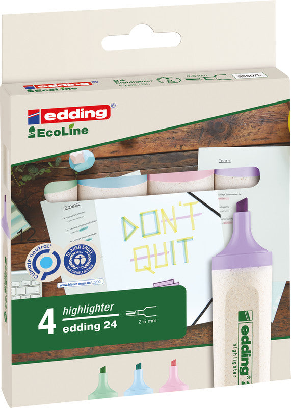 Edding EcoLine Textmarker Set 4 Farben Pastell – Keilspitze, 2–5 mm, nachfüllbar, Blauer Engel