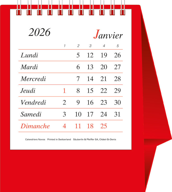 Novos Wochenplaner – 1 Monat pro Seite, Spiralbindung, 12 × 14 cm, Jan–Dez 2026, mit Ständer, Französisch, PEFC