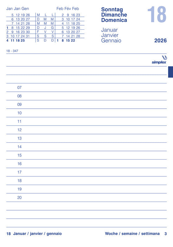 Simplex Kalender-Einlage – 1 Tag/Seite, 2-fach (70 mm), 12,5 × 17,5 cm, 2026