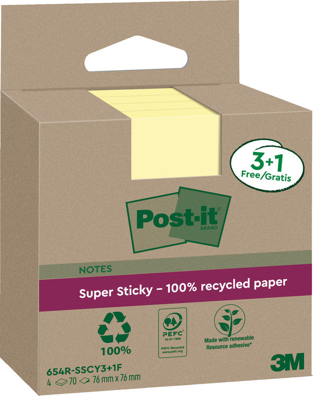 Post-it Haftnotizen Super Sticky – 76×76 mm – gelb, 4×70 Blatt, PEFC