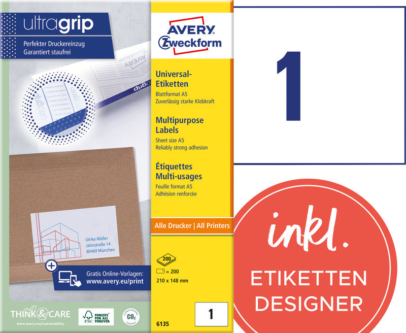 Avery Schuletiketten – rechteckig, Papier, permanent haftend