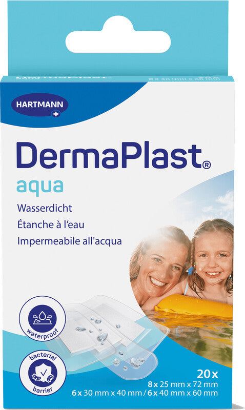 DermaPlast Aqua Pflaster – wasserdicht, hautfreundlich – transparent – für Wunden – sortiert – 20 Stk.