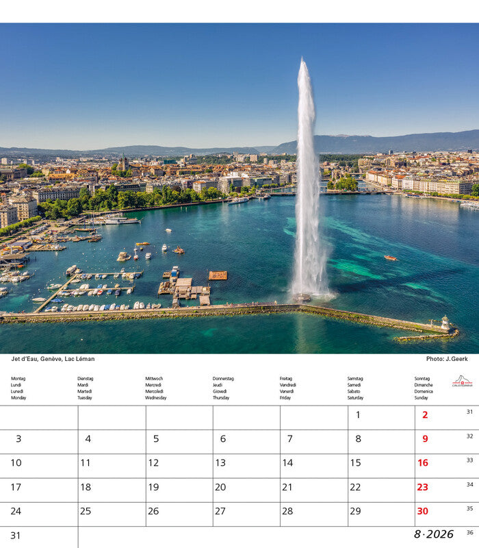 Calendaria Bildkalender Schweiz 2026 – 21 × 24 cm – mit Tagesfeldern, mit Aufhänger
