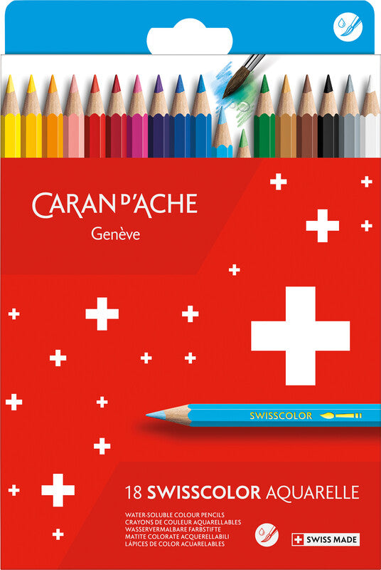 Caran d-Ache Caran d'Ache Swisscolor Aquarellfarbstifte-Set – 18 Farben, Mine Ø 2,8 mm, Kartonetui