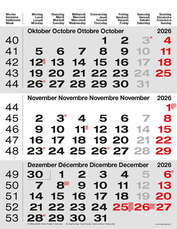 Calendaria 3-Monats-Kalender – 3 Monate pro Blatt – 2026 – Datumsschieber, Spiralbindung – 31 × 40 cm