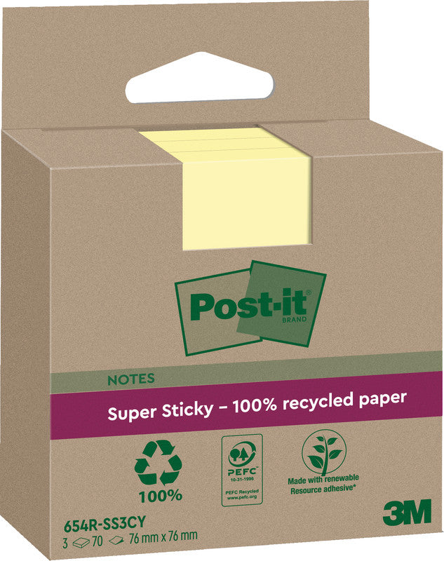 Post-it Super Sticky Haftnotizen – 76×76 mm – gelb, 3×70 Blatt, PEFC