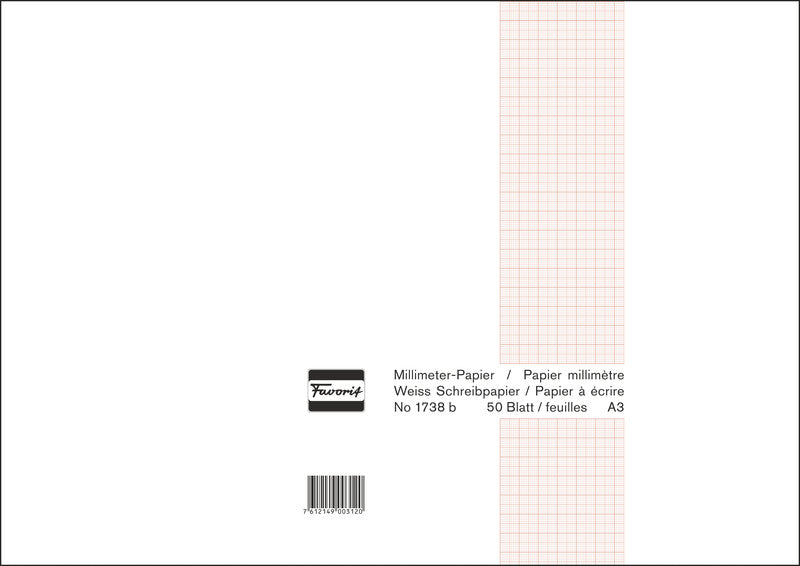 Favorit Millimeterpapier-Block A3 – braunes Raster, einseitig, 80 g/m², 50 Blatt
