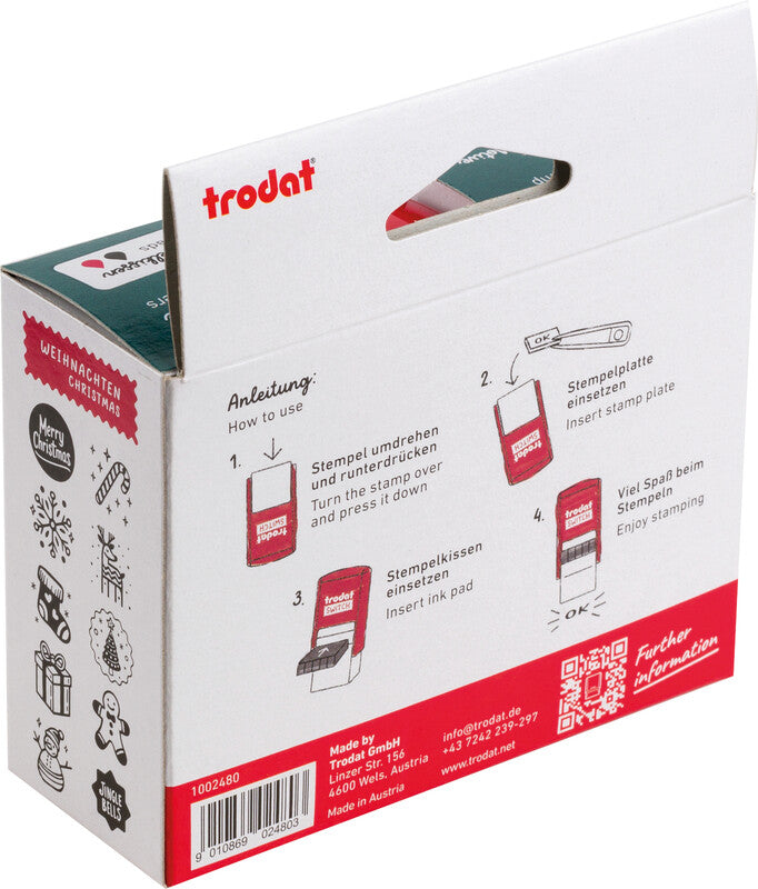 Trodat Weihnachts-Motivstempel – selbstfärbend, 10 Textplatten, 19 × 19 mm, 2 Kissen (rot/schwarz), Englisch
