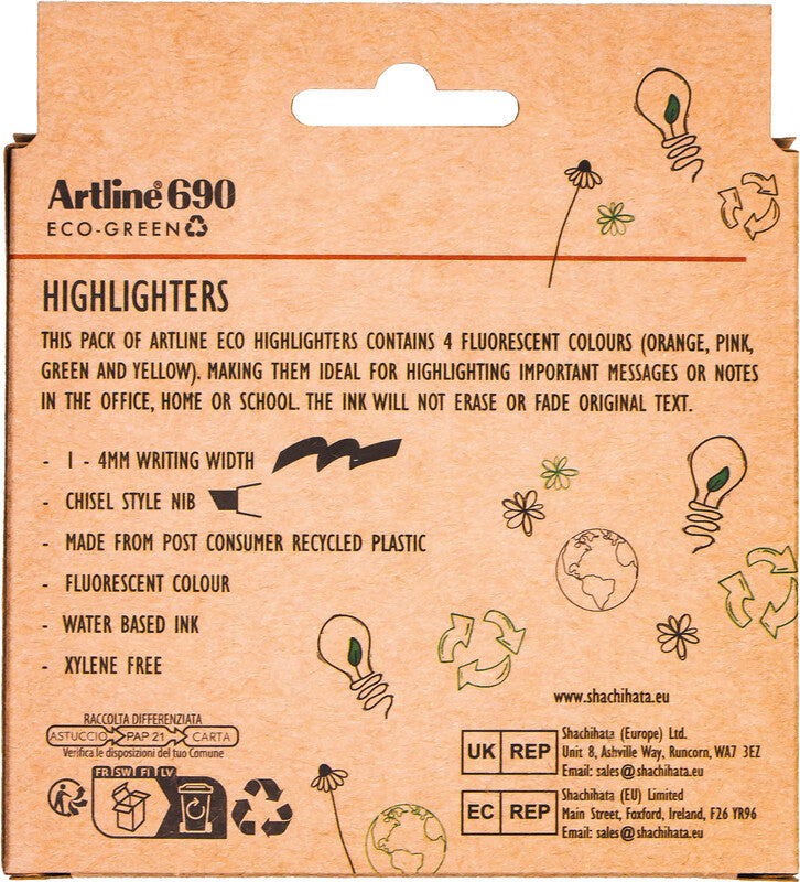 Artline EK690 Eco-Green Textmarker Set 4 Farben – Keilspitze, 1–4 mm