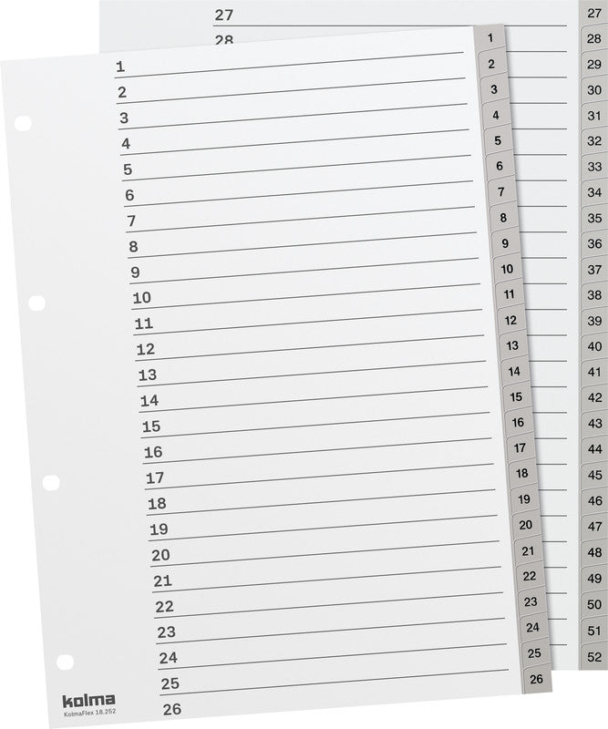 KolmaFlex Register – A4, 52-teilig, PP, grau, vorgedruckt, 4-fach Lochung, für A4-Ordner