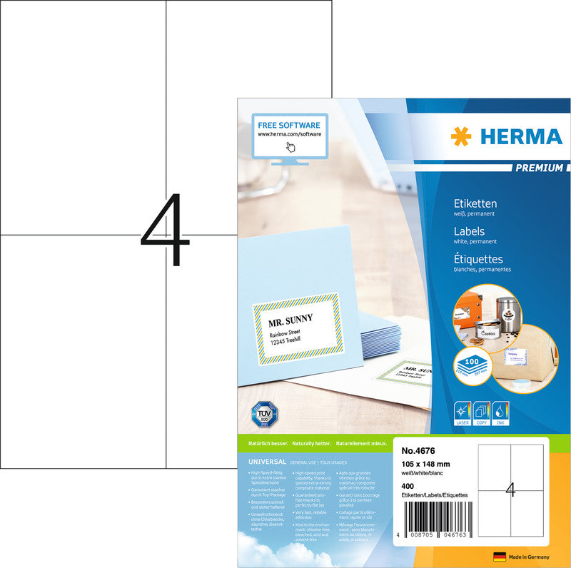 HERMA Druckeretiketten, 105 mm × 148 mm, weiss, Papier, permanent, 400 Etiketten (100 Blätter)