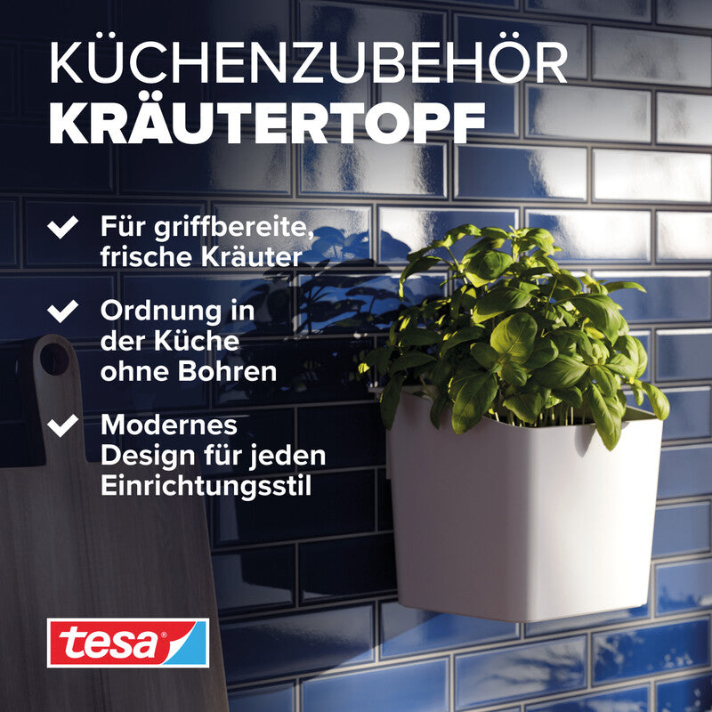 TESA Kräuterkopf – Power.Kit-Befestigung, wieder ablösbar, belastbar bis 5 kg – ABS – Weiss – 13,5 × 13,5 × 14