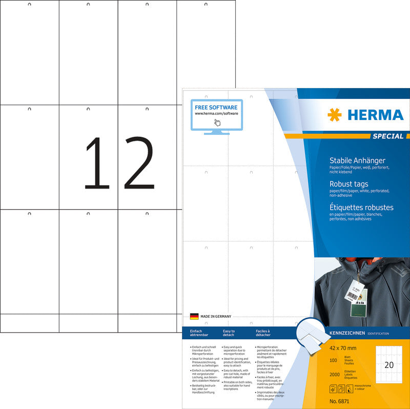 HERMA Schmucketiketten – Papier, nicht klebend, 1200 Stk, 100 Bogen, 52,5×93,5 mm