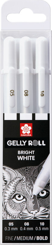 Sakura Basic White Gelschreiber 3er Set – weiss, 0,3/0,4/0,5 mm, schnelltrocknend, für dunkles Papier, Kappe