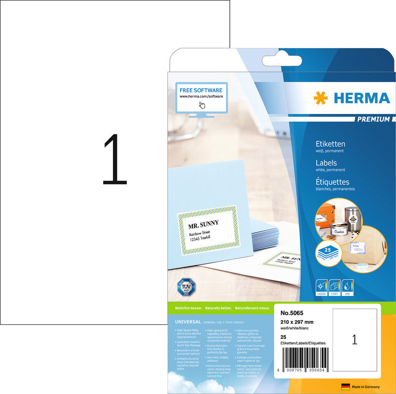 HERMA Etiketten auf Bogen, 210 mm × 297 mm, weiss, Papier, permanent, 25 Blatt