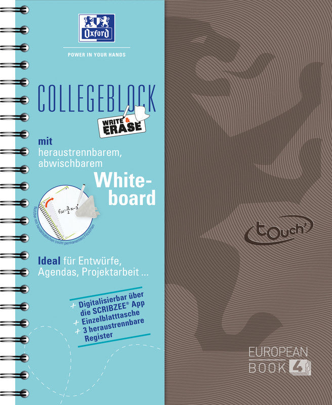 Oxford Collegeblock, Spiralbindung, 120 Blatt, 4-fach gelocht, perforiert, 90 g/m² – Taupe, für SCRIBZEE App