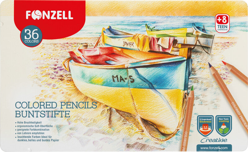 Fonzell Creative Farbstifte-Set – 36 Farben, rund, Mine Ø 3,3 mm, Metallschachtel