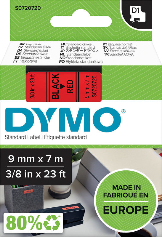 DYMO Schriftband – 9 mm × 7 m, rot, schwarz – für LabelPoint 200, 250, 300, u. a. – D1