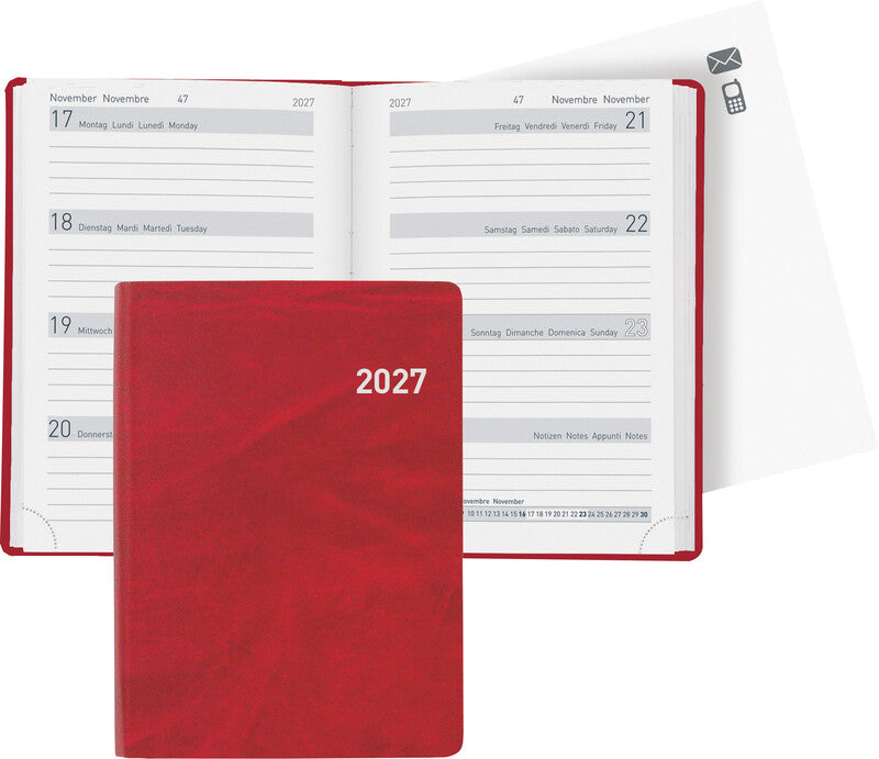 Biella Memento Agenda – 1 Woche/2 Seiten, gebunden, 10,1 × 14,2 cm, 2027, mehrsprachig, Rot, FSC