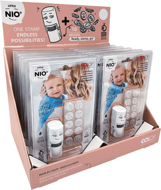 Colop Little NIO Rundstempel – Baby, selbstfärbend, 10 Motive, Ø 17 mm, Kissen grau
