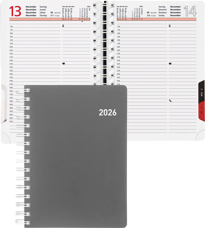 Biella Registra plus Agenda – 1 Tag pro Seite, Wire-O, 14,5 × 20,5 cm, 2026, 1/2-Stunden-Takt, Grau, FSC