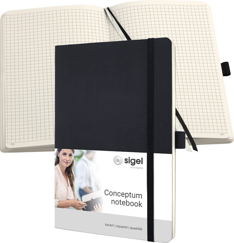 Sigel Notizbuch, A5, kariert 5 mm, Fadenheftung, Softcover, 194 Seiten, 80 g/m² – schwarz