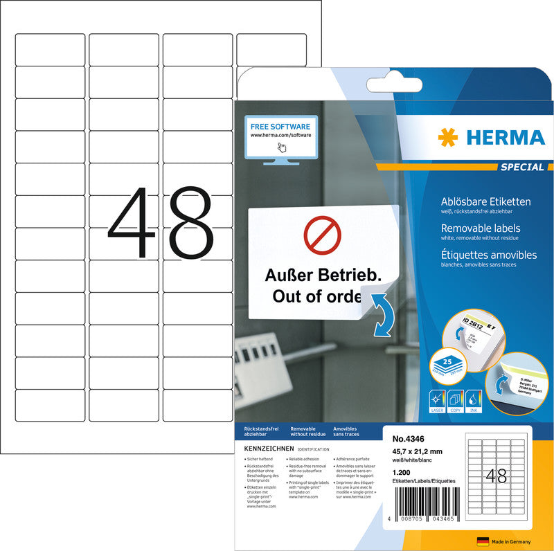 HERMA Etiketten, 46 mm × 21 mm, weiss, Papier, ablösbar, 25 Blatt (1'200 Etiketten)