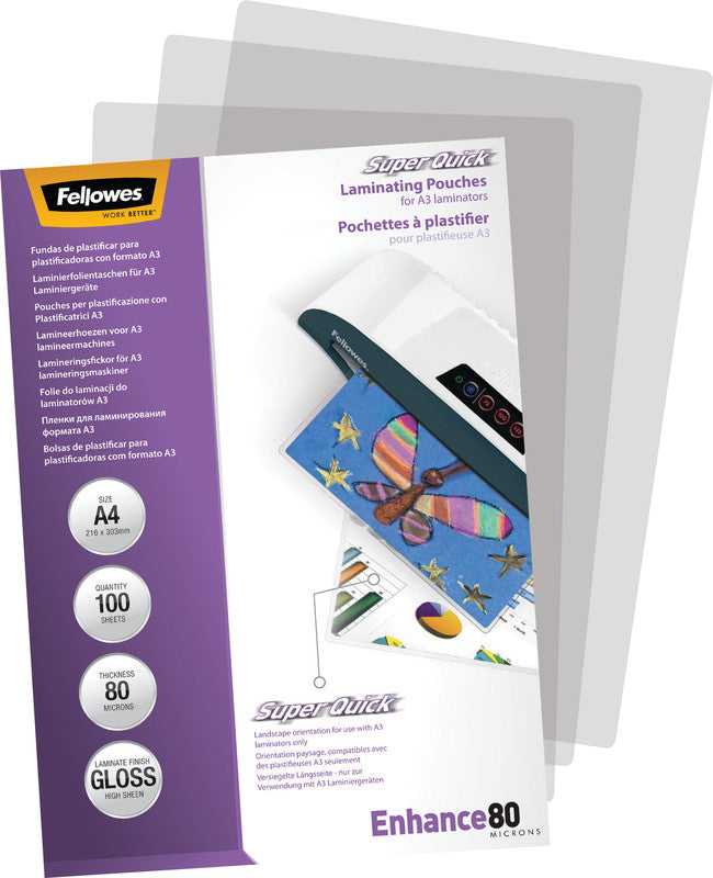 Fellowes Laminierfolien A4, glänzend – 80 µm, 216 × 303 mm, 100 Stk.