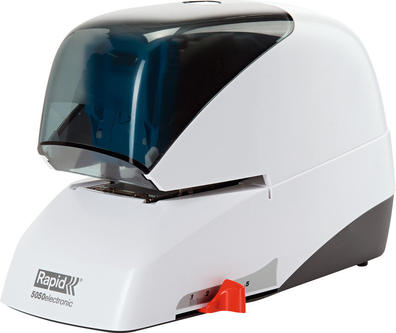 Rapid 5050e – Elektrischer Hefter, Flat-Clinch, verstellbarer Papieranschlag, Einlegetiefe 50 mm, Weiss