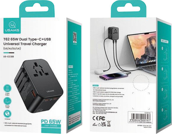 Usams Reiseadapter T62 – 52,6 × 54,7 mm, schwarz, 1× USB-A, 2× USB-C, 65 W, Schiebefunktion, für EU, US und mehr