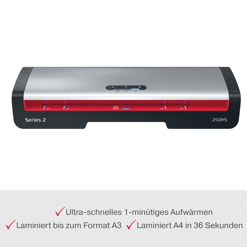 GBC 250HS Laminiergerät A3 – 2-Rollen, 75–125 µm, Aufheizzeit 1 Min., 500 mm/min, Silber