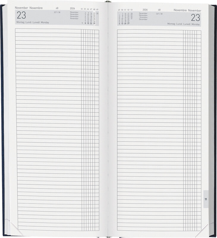 Biella Tower Agenda – 1 Tag/2 Seiten, gebunden, 13,5 × 31,5 cm, 2026, mehrsprachig, dunkelblau, FSC