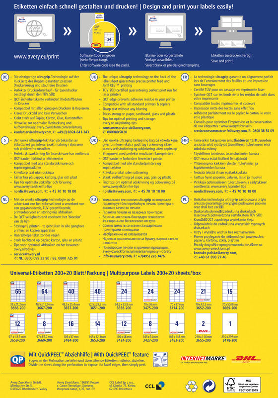 Avery UltraGrip Etiketten, 105 mm × 74 mm, weiss, Papier, permanent, 1760 Etiketten (220 Blätter)