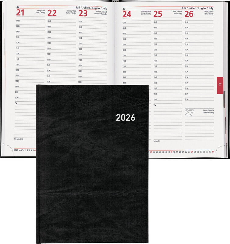 Biella Registra 7 Geschäftsagenda – 1 Woche/2 Seiten, gebunden, 17,2 × 24,0 cm, 2026, schwarz, FSC