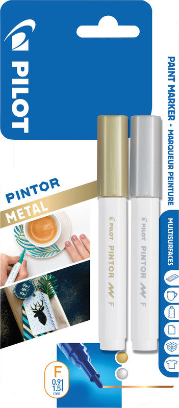 Pilot Pigment Marker Pintor – Rundspitze 0,9-1,5 mm – Silber/Gold – 2er-Set – Für dunkle Oberflächen geeignet