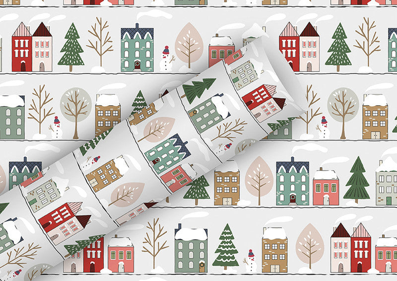 Braun + Company Geschenkpapier – Christmas Town – gestrichenes Papier – 70 cm × 2 m – Rot/Weiss