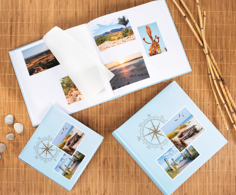 Hama Fotoalbum Jumbo Compass – für 300 × 300 mm, hellblau, mit Pergaminzwischenblättern, Karton