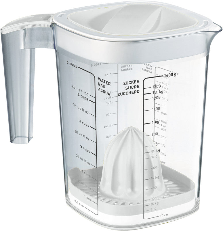 Rotho Messbecher Loft – 1,5 l – mit Deckel, Presse & Reibe – Kunststoff – Weiss