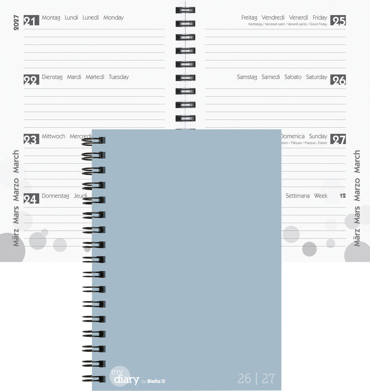 Biella mydiary Schüleragenda – 1 Woche/2 Seiten, Spiralbindung, 12 × 16,5 cm, Aug–Jul, Blue Aura, FSC