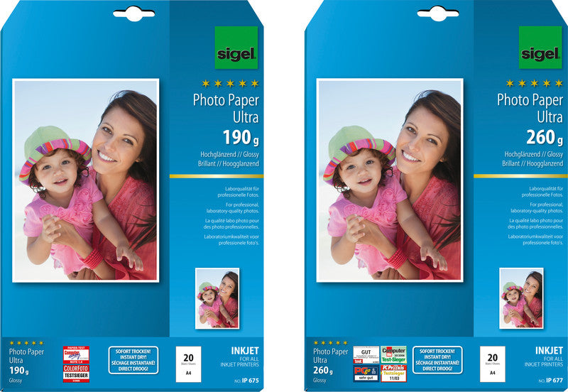 Sigel Fotopapier – hochglänzend, A4, 190 g/m², 20 Blatt – für Tintenstrahldrucker