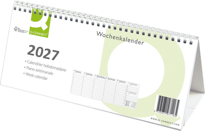 Q-connect Triangel Wochenplaner – 1 Woche/1 Seite, 28,5 × 12 cm, 2026, mit Steller, Weiss, FSC