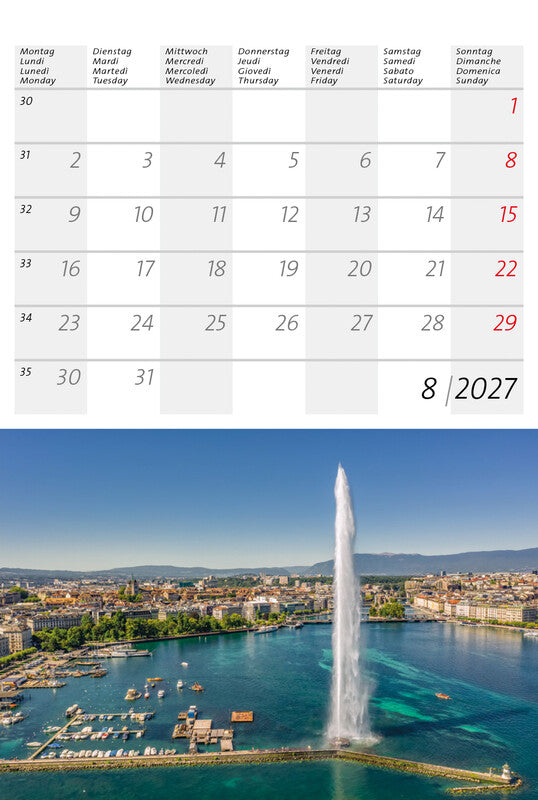 Calendaria Kleiner Schweizer – Bildkalender Schweiz 2027 – 14,8 × 22 cm – Kalendarium d/f/i/e – 12 Postkarten