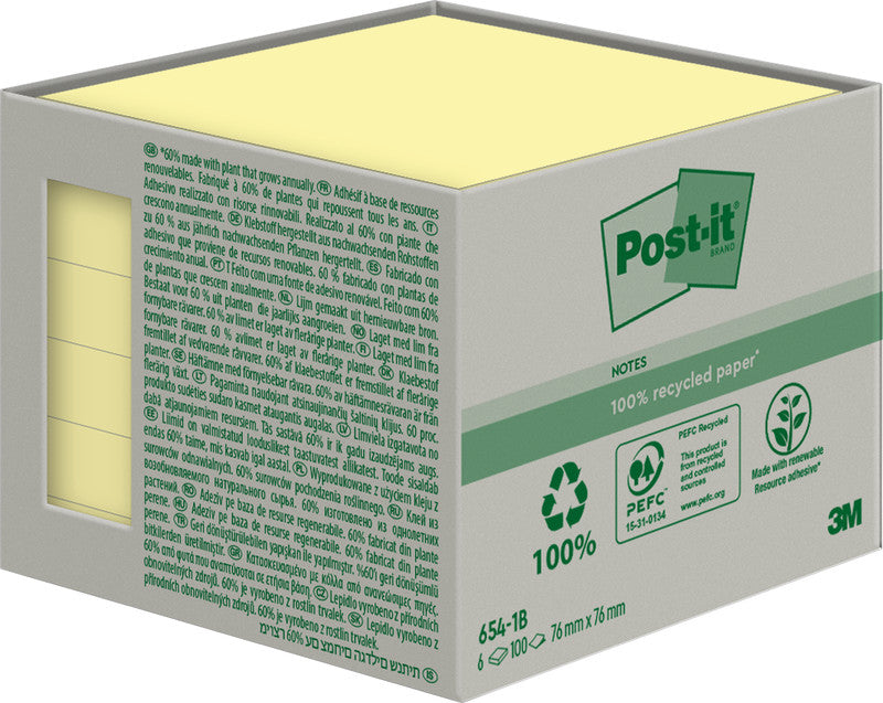 3M Haftnotizen Recycling Tower – 76×76 mm – Gelb, 6×100 Blatt, PEFC