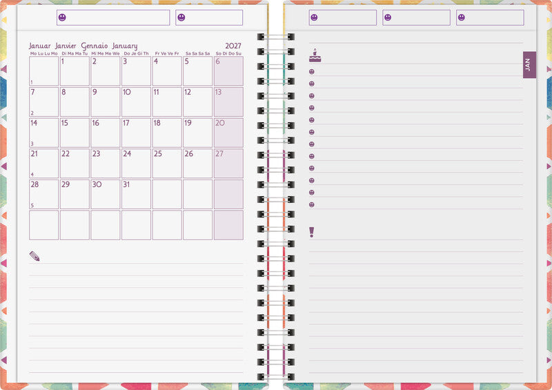 Biella Agenda – 1 Woche/2 Seiten, Spiralbindung, 14,5 × 20,5 cm, 2026, mehrsprachig, Dreiecke, FSC