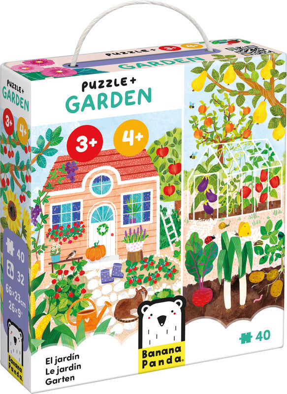Banana panda Lernspiel – Puzzle + Garten, 40 Puzzleteile, 32 Bildkarten, Lernposter, ab 4 Jahren
