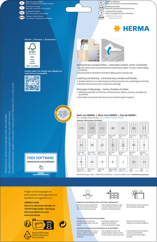 HERMA Druckeretiketten, 96 mm × 63,5 mm, weiss, Papier, ablösbar, 200 Etiketten (25 Blatt)