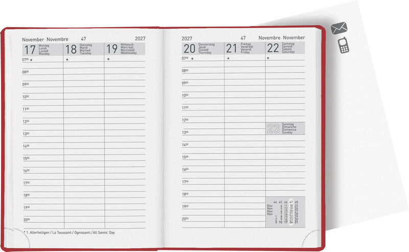 Biella Rex Agenda – 1 Woche/2 Seiten, gebunden, 10,1 × 14,2 cm, 2027, Rot, FSC