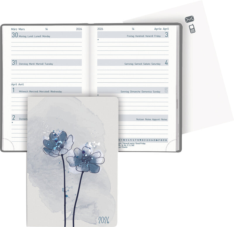 Biella Mittelformat Trend Agenda – 1 Woche/2 Seiten, Gebunden, 7,6 × 11,0 cm, 2026, Mehrsprachig, Flower, FSC