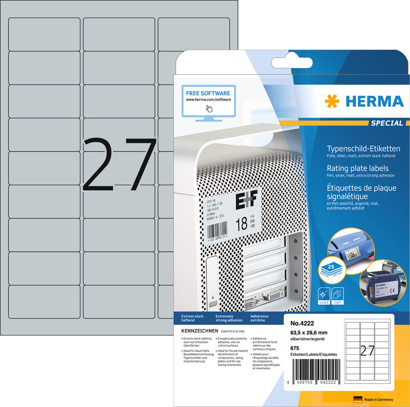 HERMA Typenschild-Etiketten, 46 mm × 21 mm, silber, Folie, extra stark, 25 Blatt